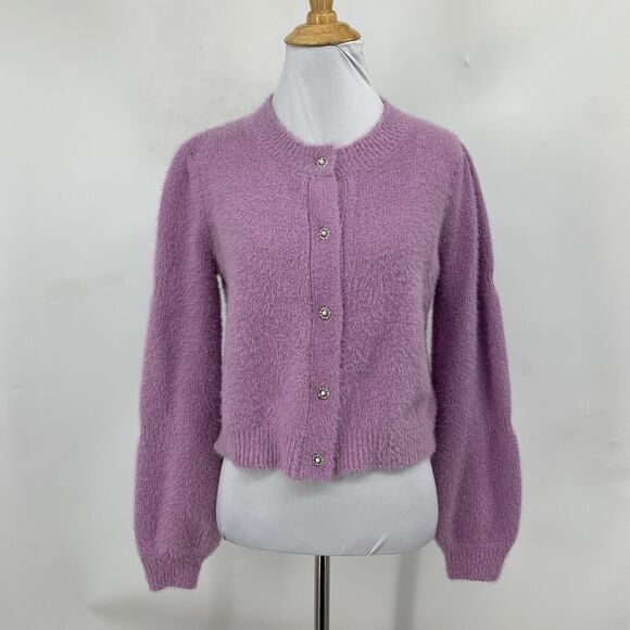 Nanette Lepore Cardigan Womens S Small Orchid Ice Button Fuzzy Cropped Sweater - Picture 2 of 11